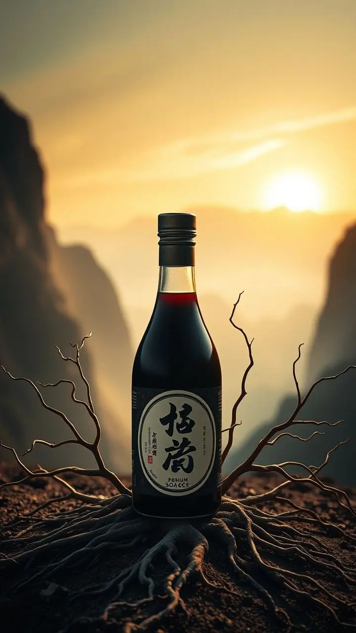 Premium soy sauce bottle in misty mountains with bent roots, film noir style.