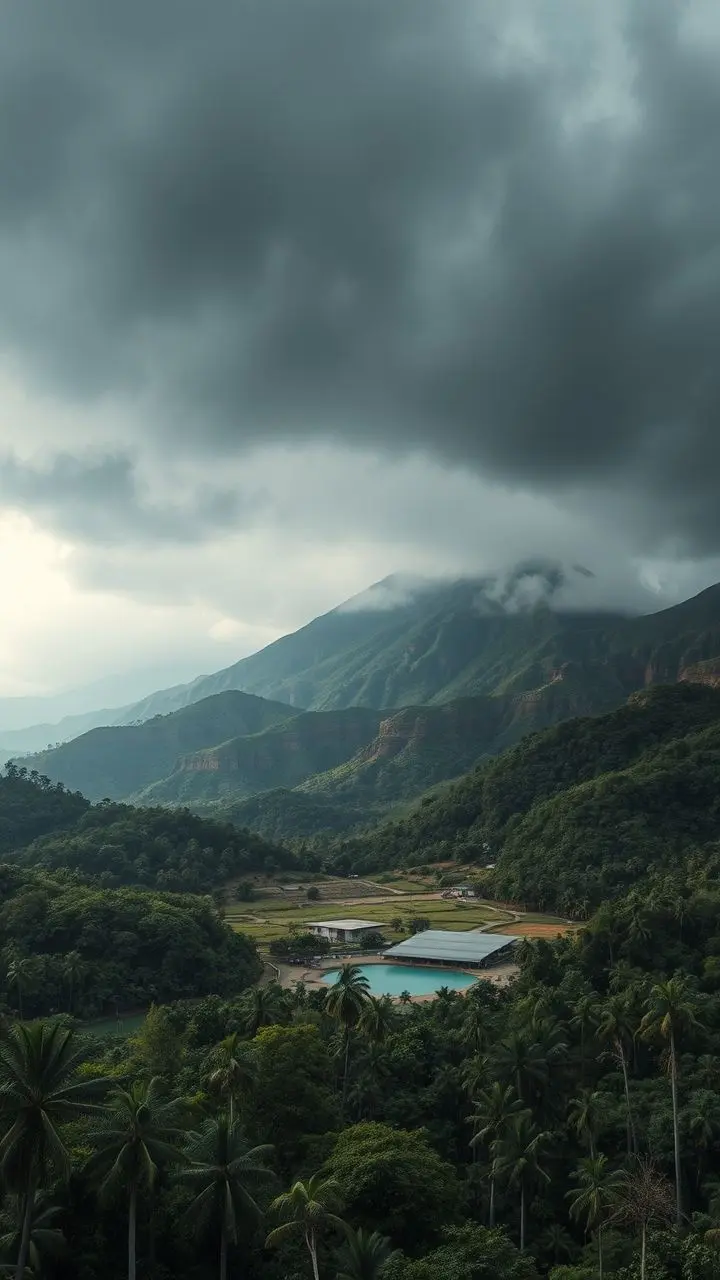 Surreal landscape with tropical mountain, frosted forest, and canyonlands pool.