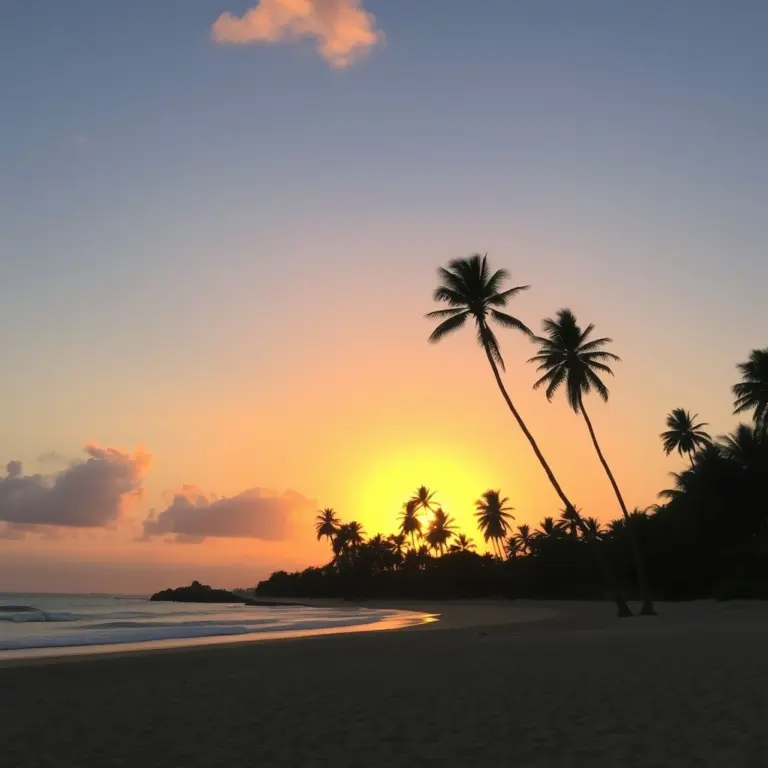 Palm trees against a colorful beach sunset.