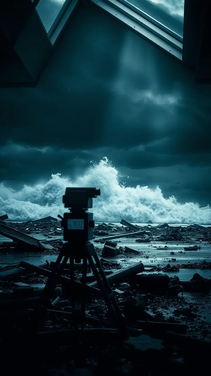 Black and white image of a chaotic, debris-strewn landscape under a skylight, with a distant, dark tsunami warning sky.