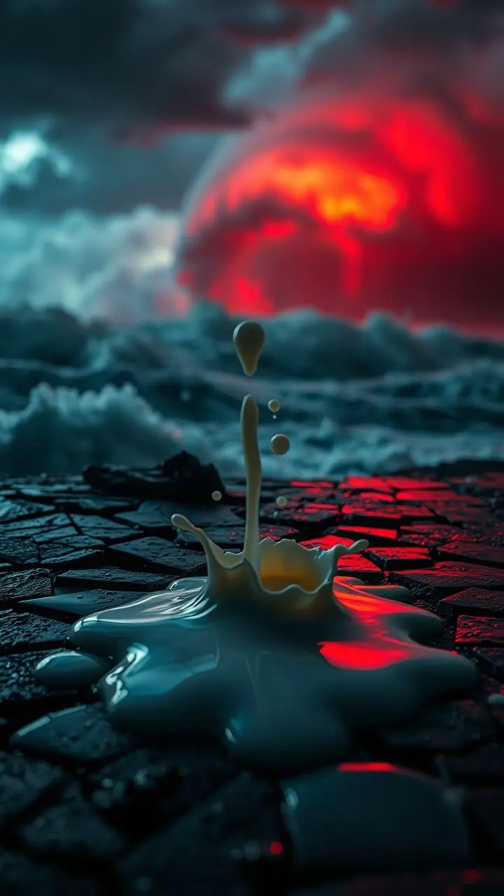 Organic milk spilling on a shattered surface with tsunami warning lights in the background.