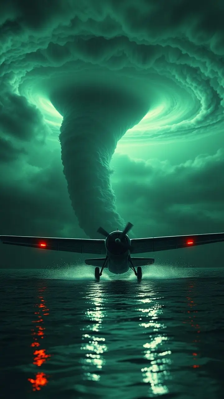 Vintage seaplane taking off under a green sky with a tornado, wet light, and AI glitches.