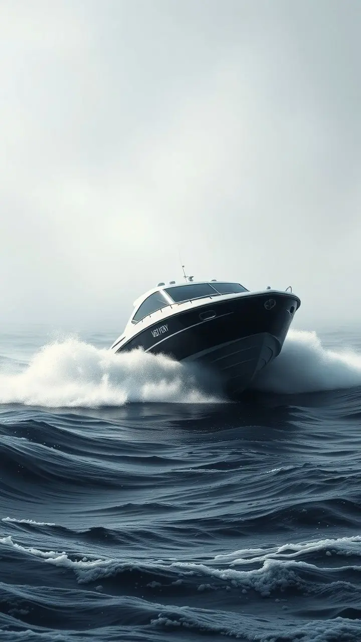 Sleek speedboat in foggy water with wake and advisory decals.