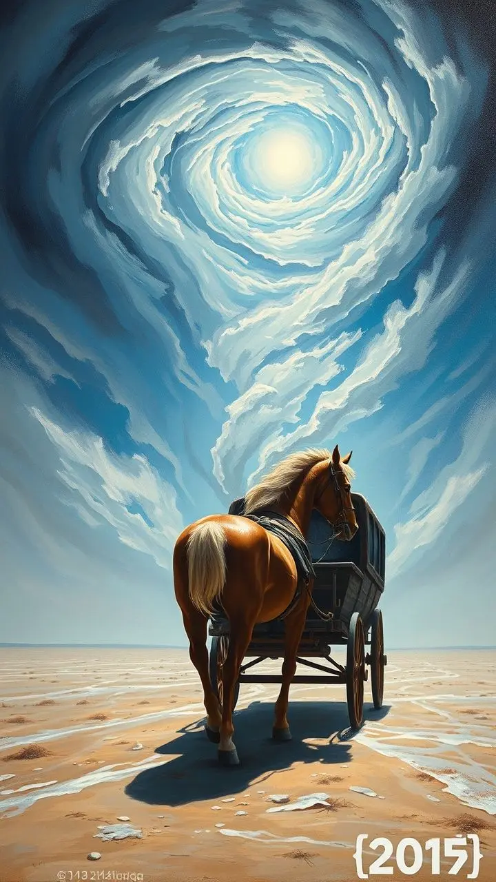 Oil painting of a horse and carriage in a void with icy ground and swirling wind.