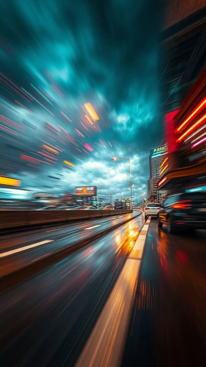 Orlando landscape in motion blur during a gale, with surreal cracked reflections and hyper-saturated colors.