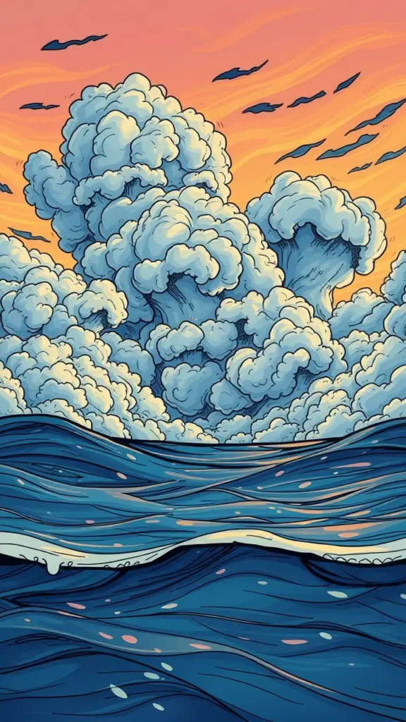 Doodle art of a dramatic dusk sky with strong winds shaping clouds above reflective water.