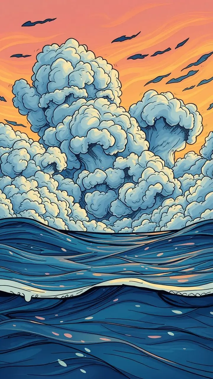 Doodle art of a dramatic dusk sky with strong winds shaping clouds above reflective water.