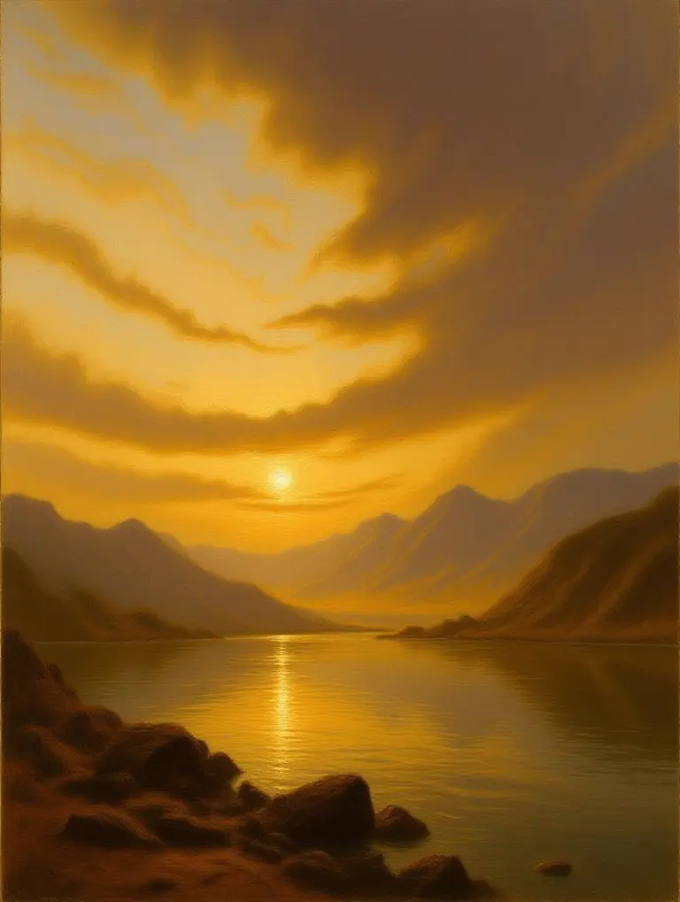 A romantic landscape painting with golden and lavender skies and hazy mountains.