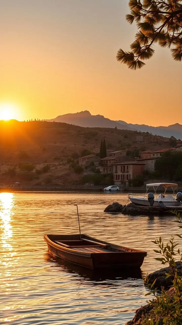 Sunset over a Tuscan village and lake with a raft.