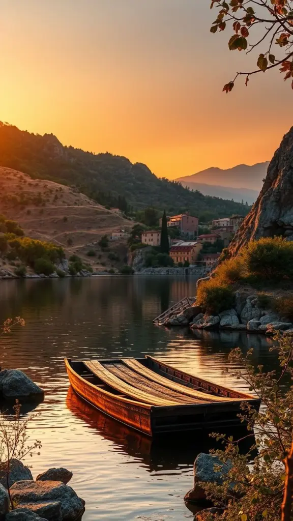 Tuscan valley at sunset with a village, lake, and raft.