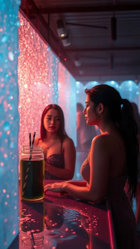 Adults observing a dew collection display in twilight with vaporwave colors and wet reflections.
