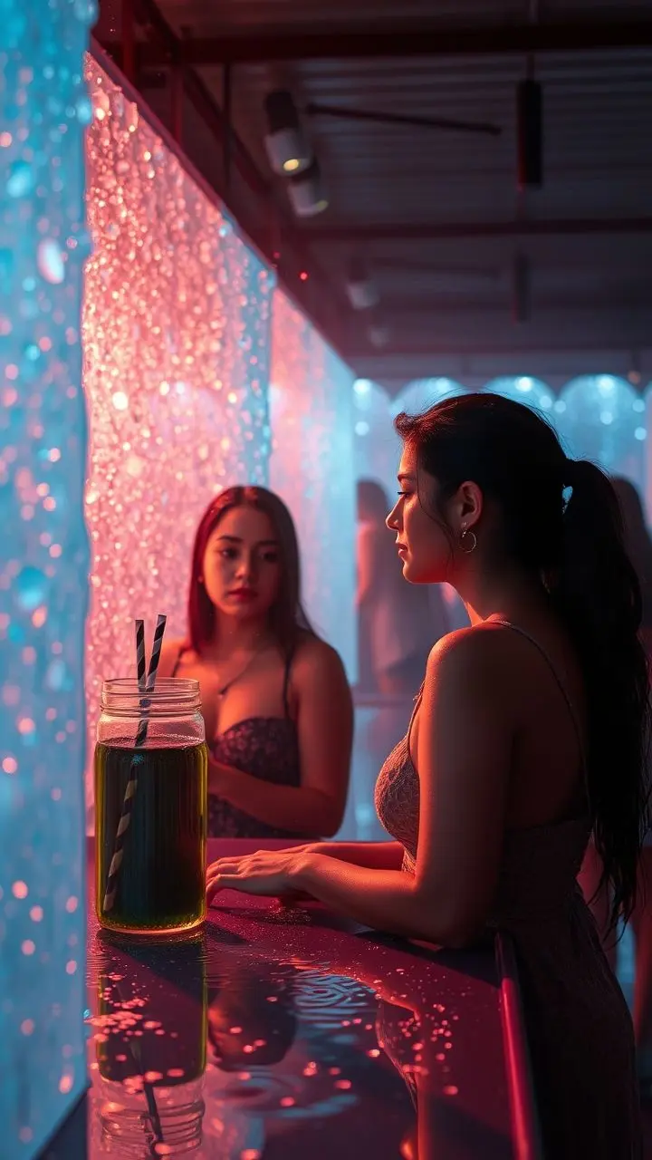 Adults observing a dew collection display in twilight with vaporwave colors and wet reflections.