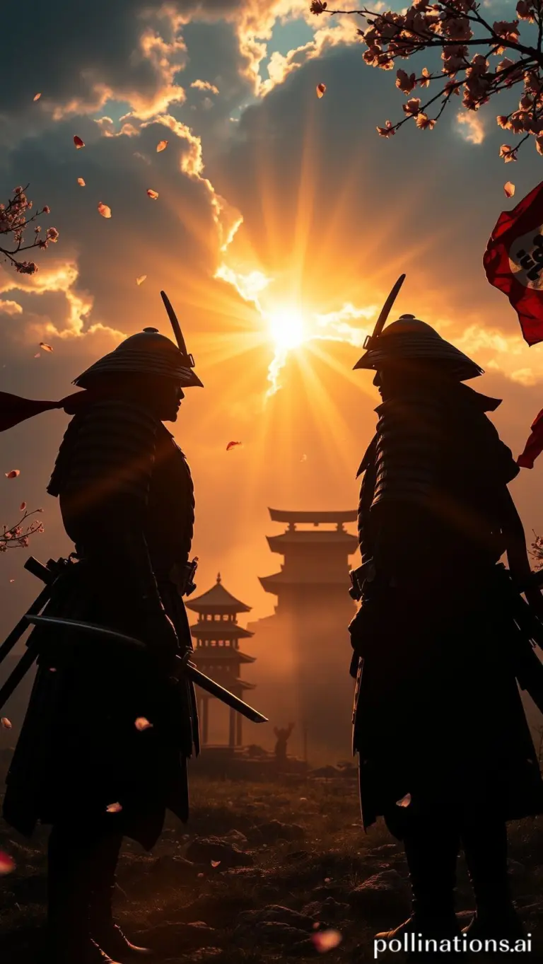 Silhouetted samurai warriors with drawn katanas facing each other at twilight on a misty battlefield, with cherry blossoms and dramatic sunlight.