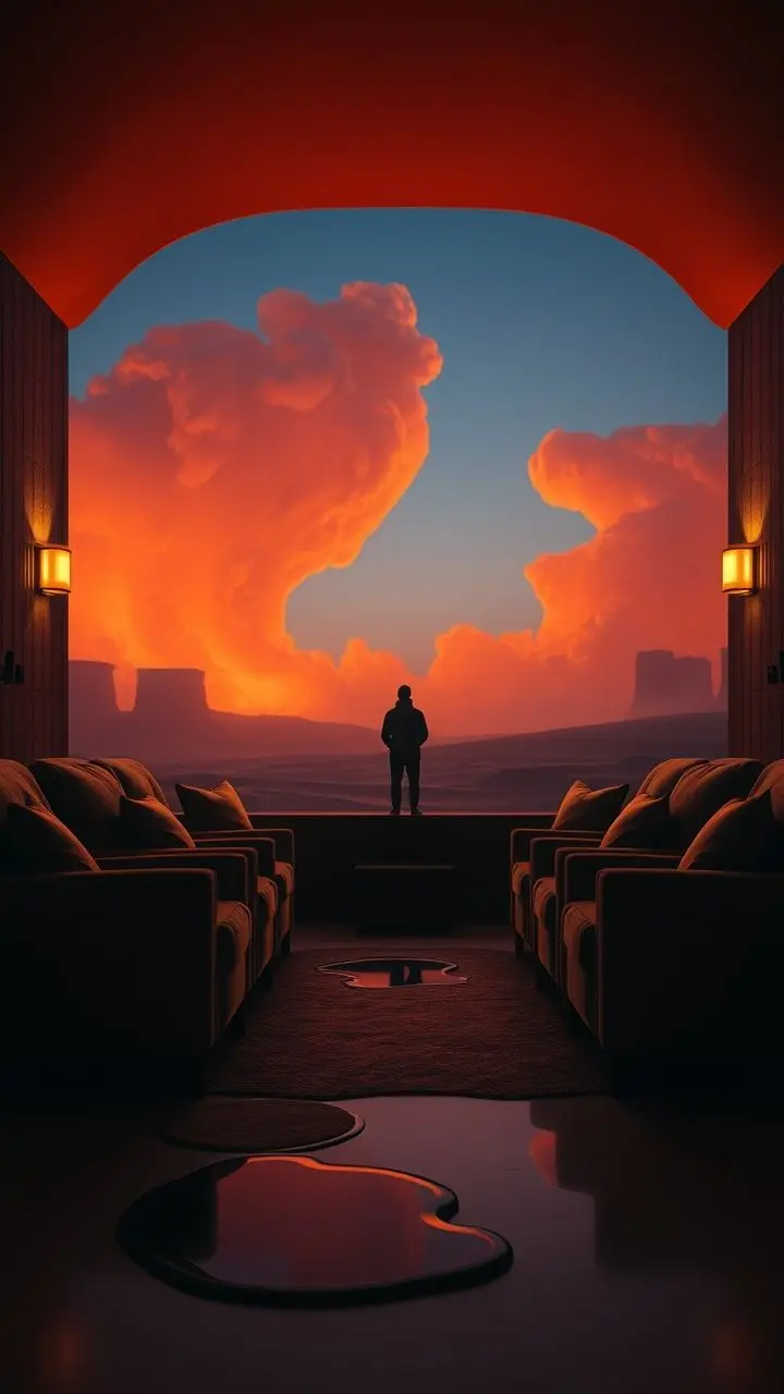 Claymation-style home theater with plush seating, warm lighting, and a surreal sandstorm visible through a window with foggy puddles.