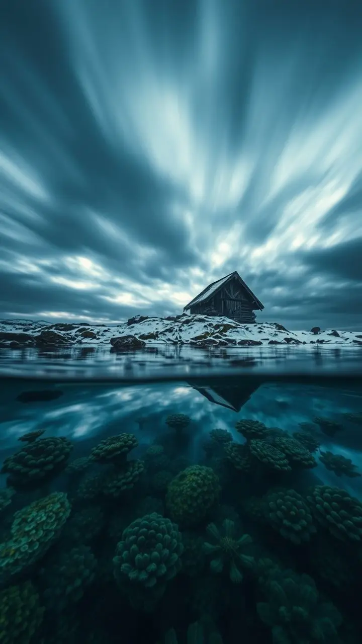 Indigenous shelter at dusk with snow, reflected moss, and underwater plants.