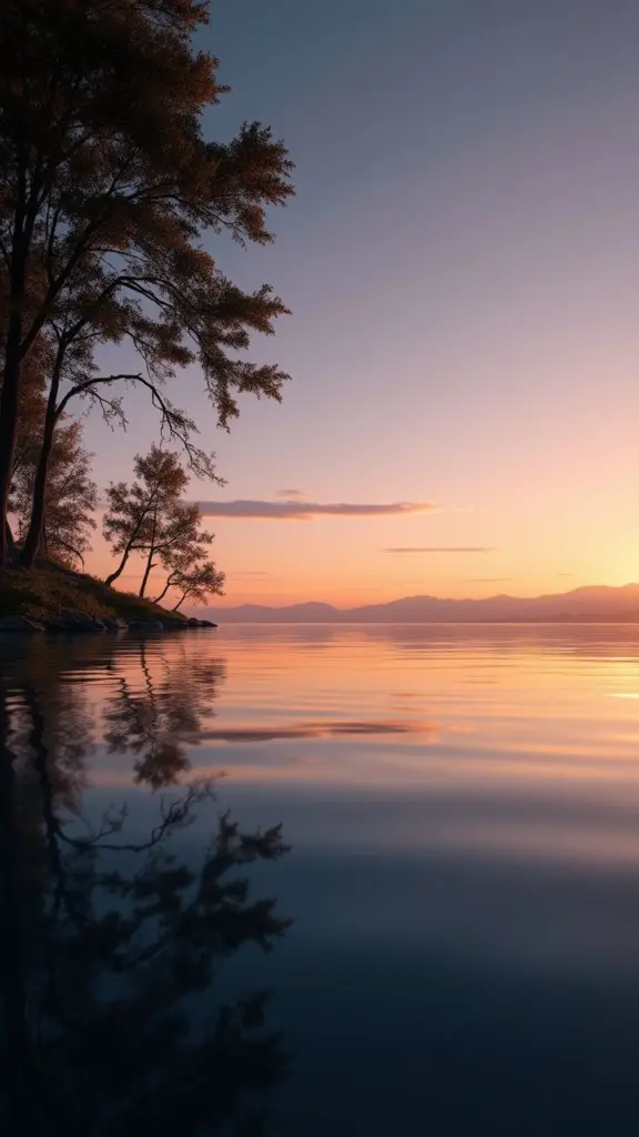 Photorealistic twilight landscape with perfect reflections on water.