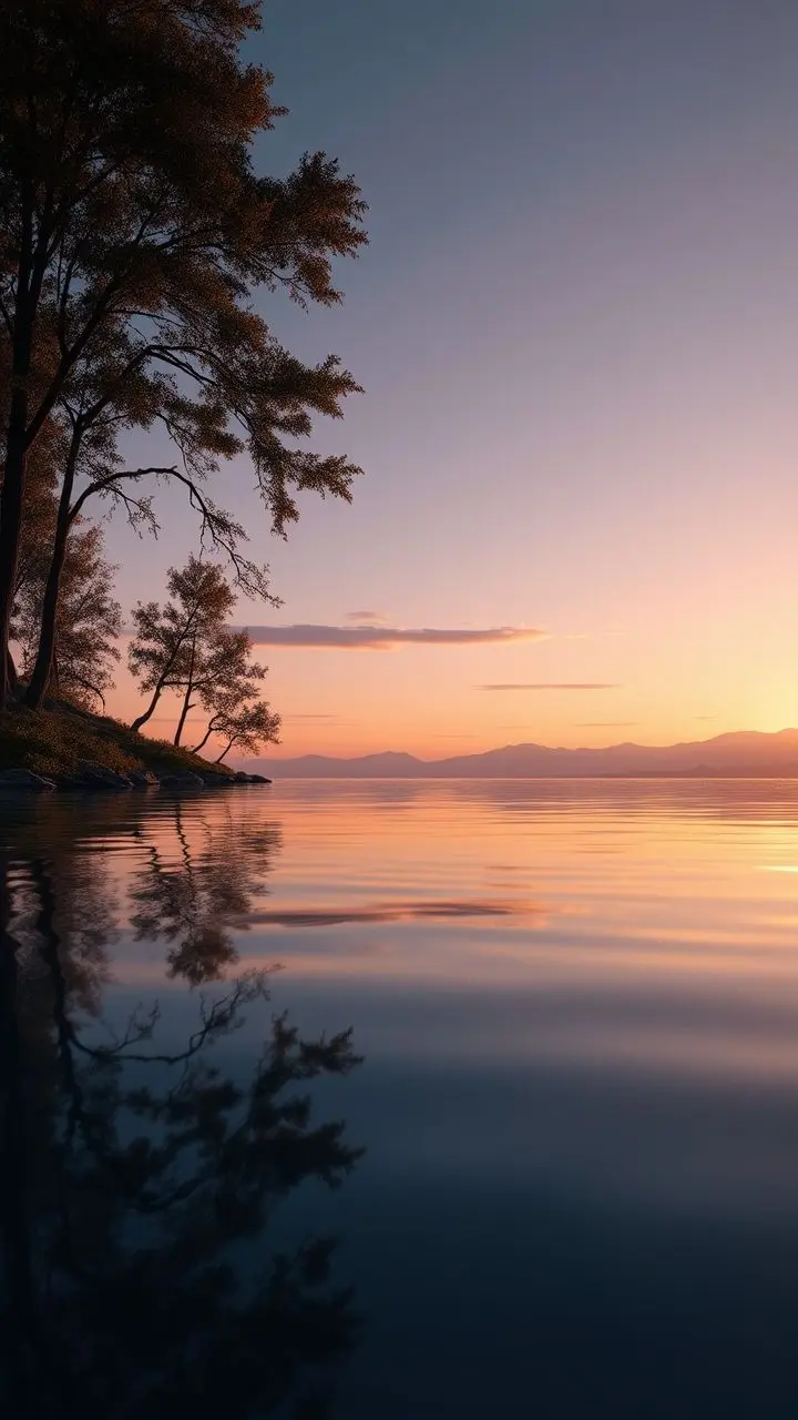 Photorealistic twilight landscape with perfect reflections on water.