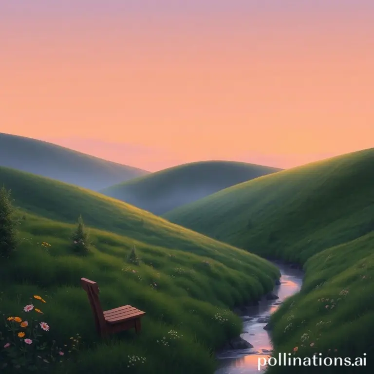 Serene landscape with rolling hills, stream, and bench at twilight.