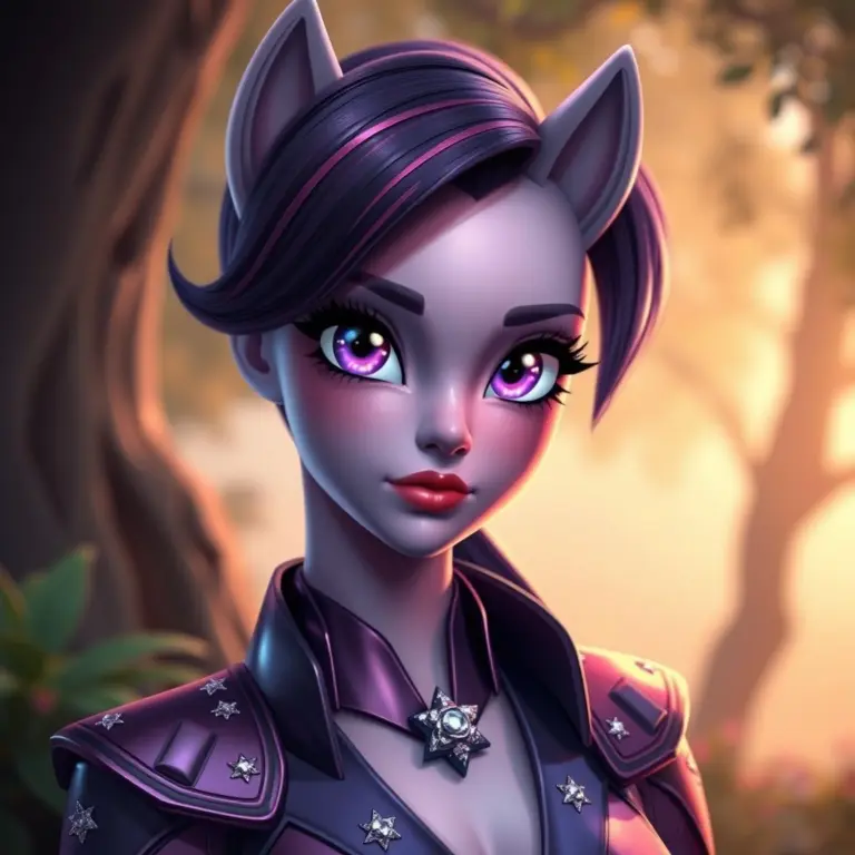 Ultra-high-resolution portrait of a woman resembling Twilight Sparkle, with violet eyes and purple hair, wearing futuristic-fantasy attire.