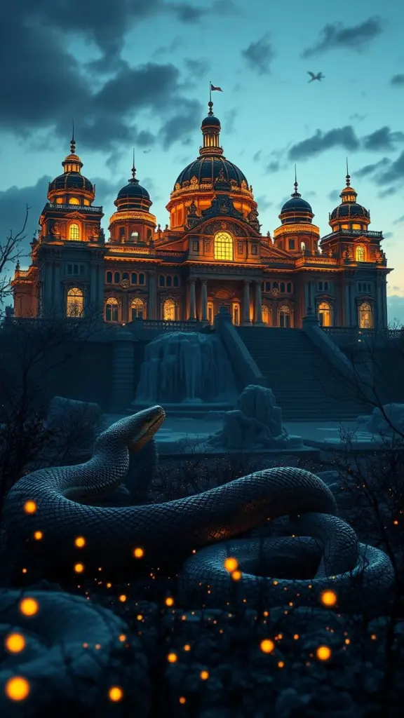 Palace with black ice at twilight, snake shedding skin, fireflies in foreground, flat-shaded digital art.