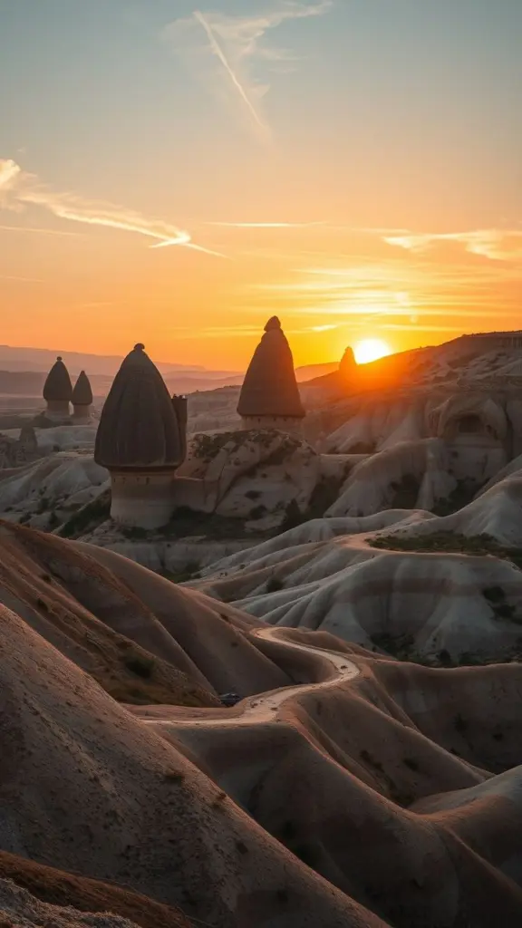 Cappadocia landscape with fairy chimneys and new structures at sunset.