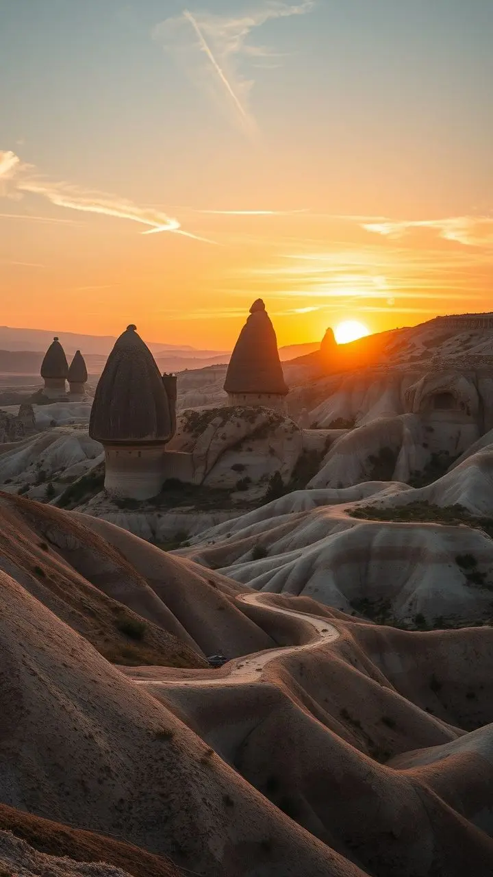 Cappadocia landscape with fairy chimneys and new structures at sunset.