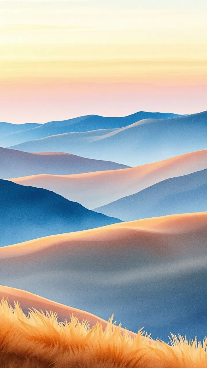 Watercolor landscape with rolling hills and sky, featuring subtle color gradients.