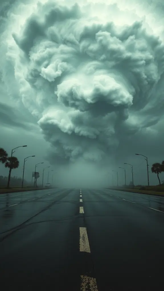 Tropical storm with atmospheric river making landfall, showing swirling clouds, wind currents, and wet pavement.