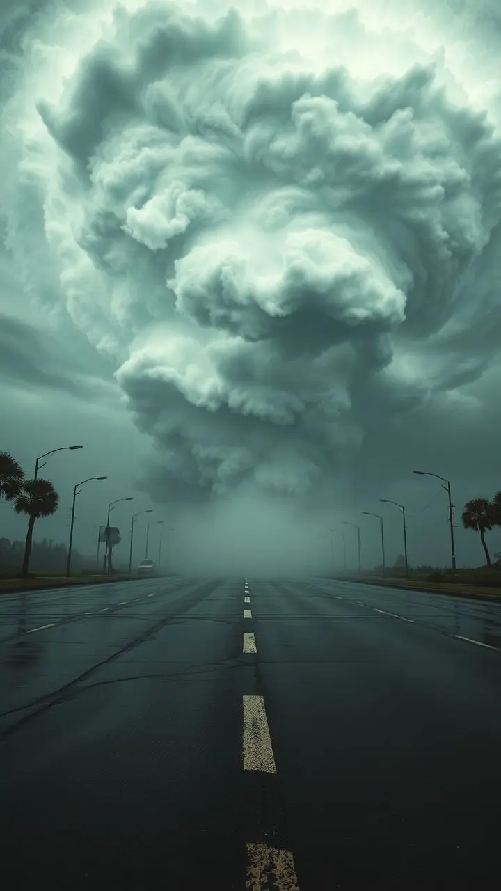 Tropical storm with atmospheric river making landfall, showing swirling clouds, wind currents, and wet pavement.