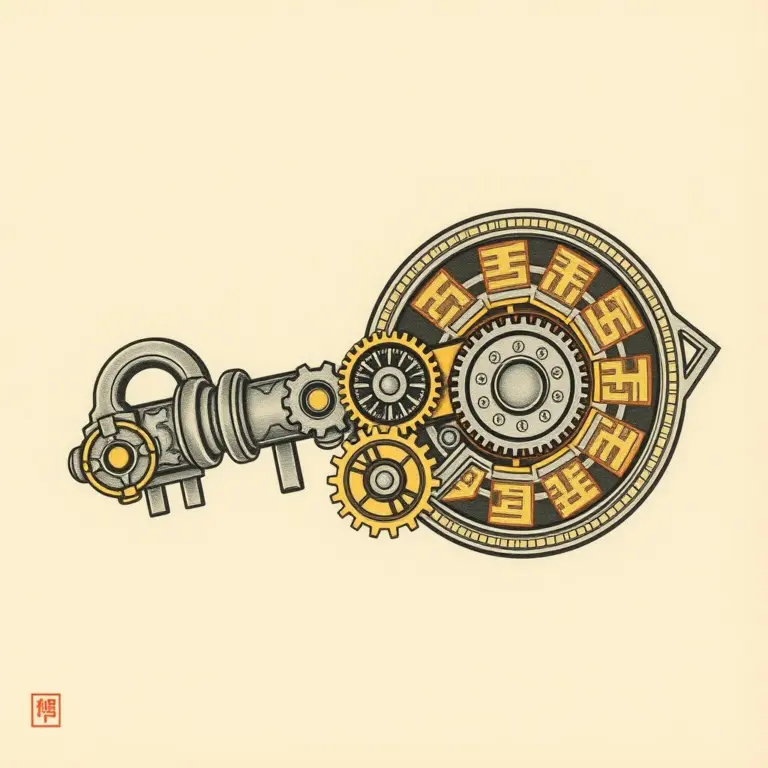 Ukiyo-e print of a complex metallic key with gears and glowing runes on a minimalist background.