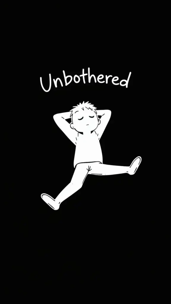 White single-line cartoon of a relaxed character with 'Unbothered' in graffiti text on black background.