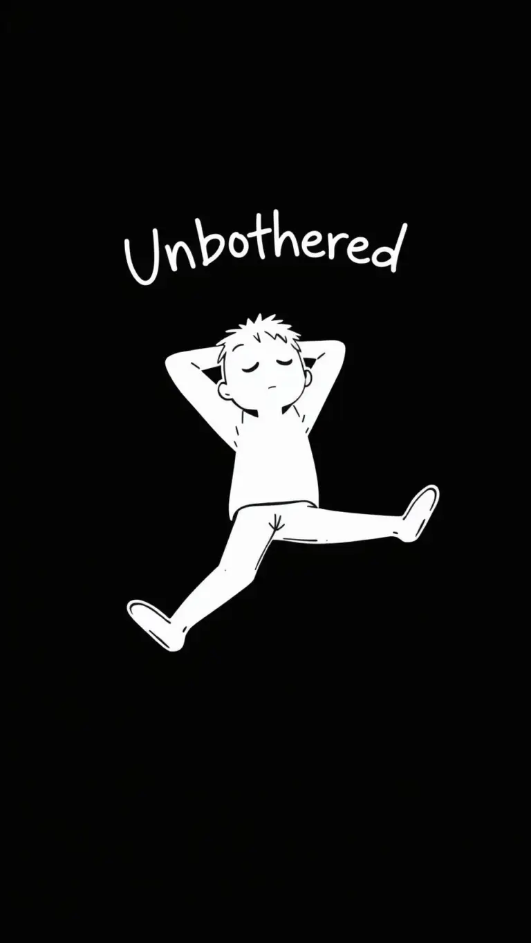 White single-line cartoon of a relaxed character with 'Unbothered' in graffiti text on black background.