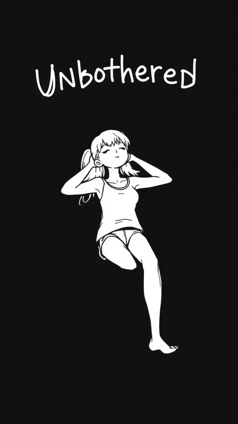 White line art of a woman lounging with arms behind head, text 'Unbothered' above, on black background.