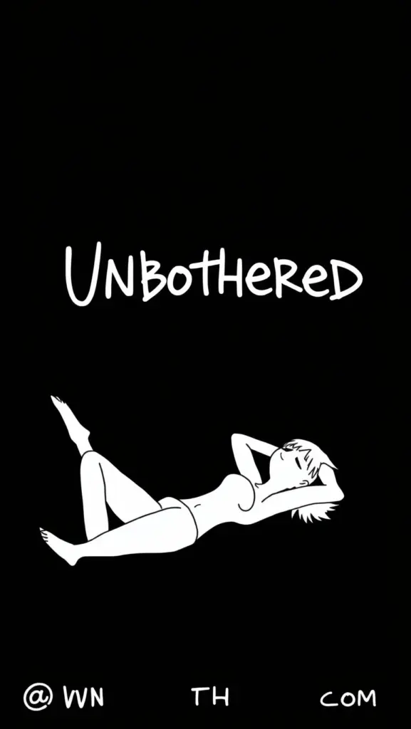 White line art of a relaxed woman with 'Unbothered' text on black background.