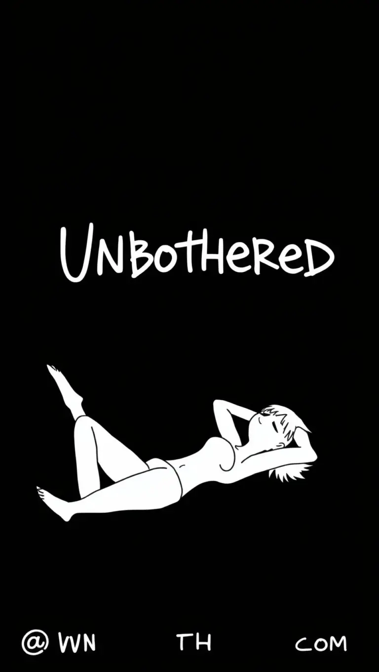White line art of a relaxed woman with 'Unbothered' text on black background.