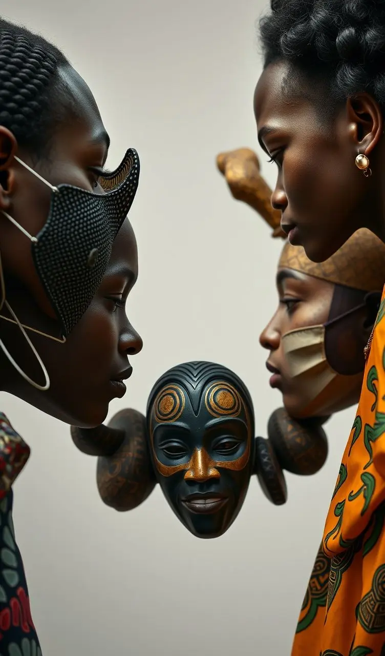 Diverse youth forming a human chain holding African masks