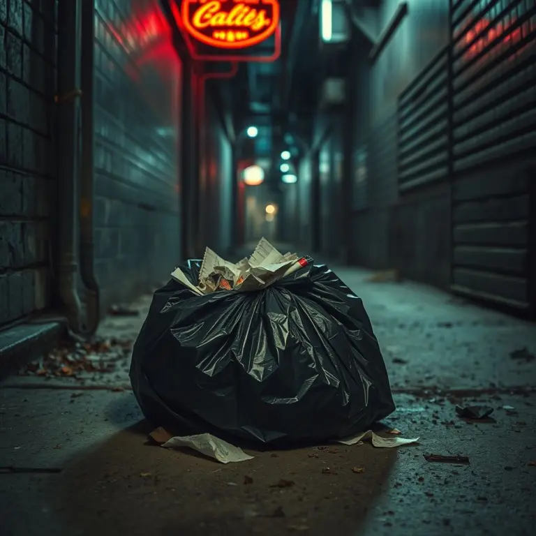 Crumpled black trash bag overflowing with trash on a dirty alley floor with neon light.