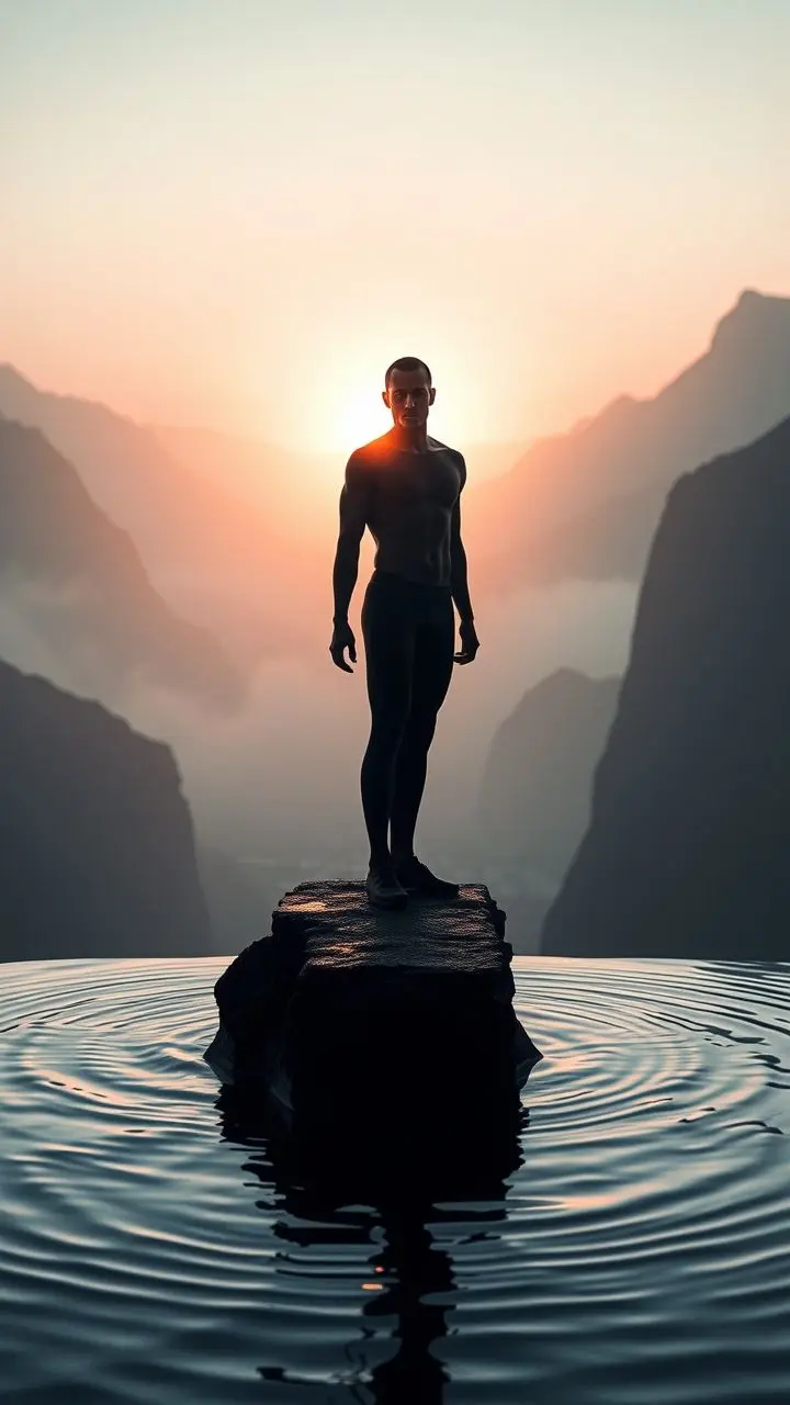 Silhouette of an athlete on a mountain ledge overlooking a misty city with neon lights.