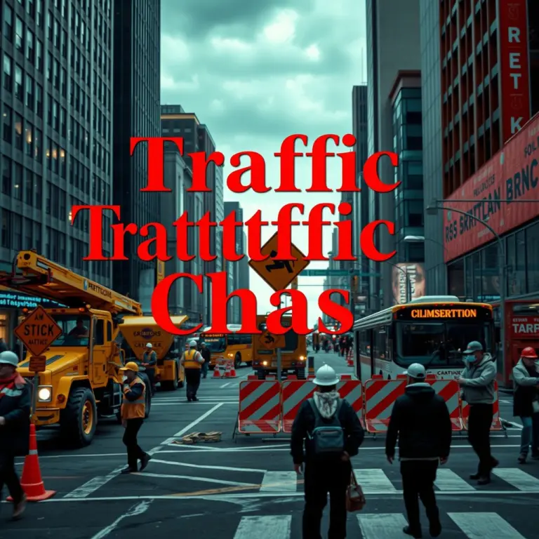 A construction site in an urban city center with heavy machinery and detour signs causing traffic chaos.