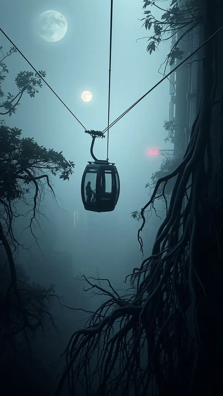 Aerial view of a cable car in foggy city with roots below.