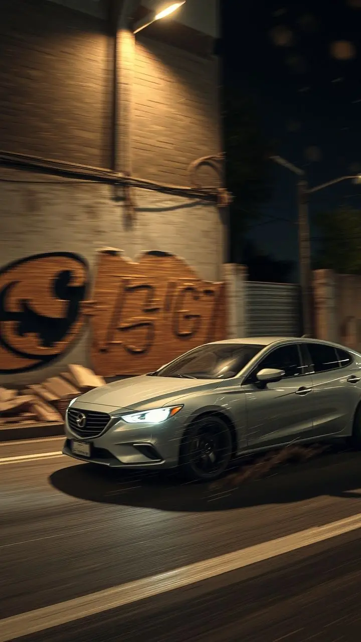 A car in motion panning past broken walls at night, with stylized flat shading.