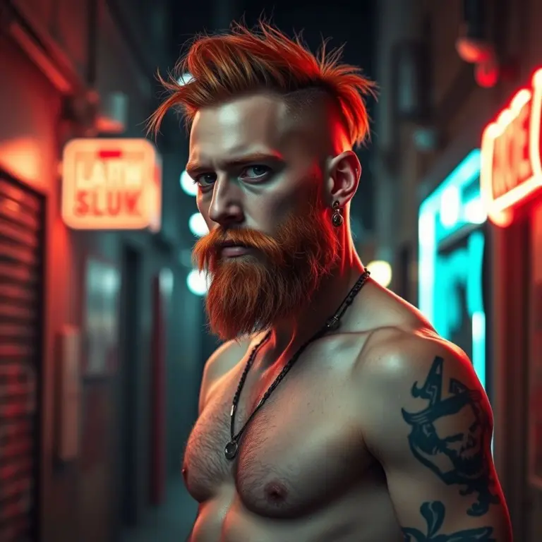 Man with red hair and beard in a neon-lit alley.