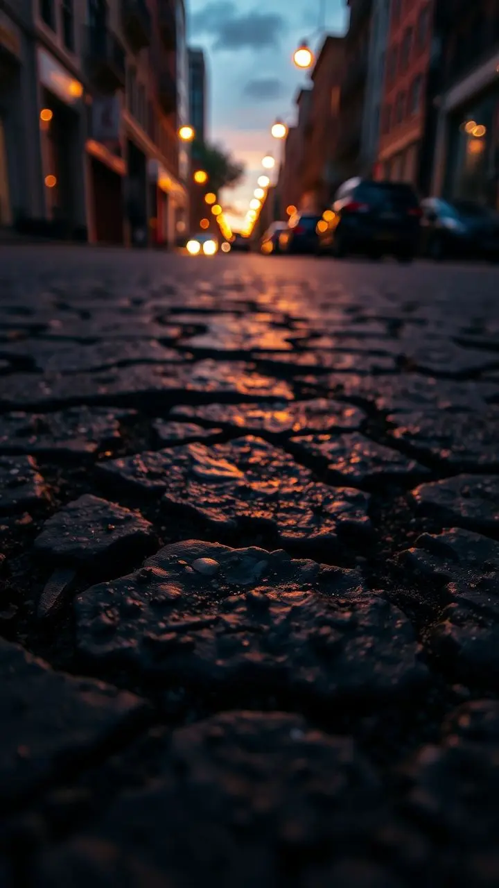 Close-up of gritty urban pavement with sharp textures under twilight lighting.