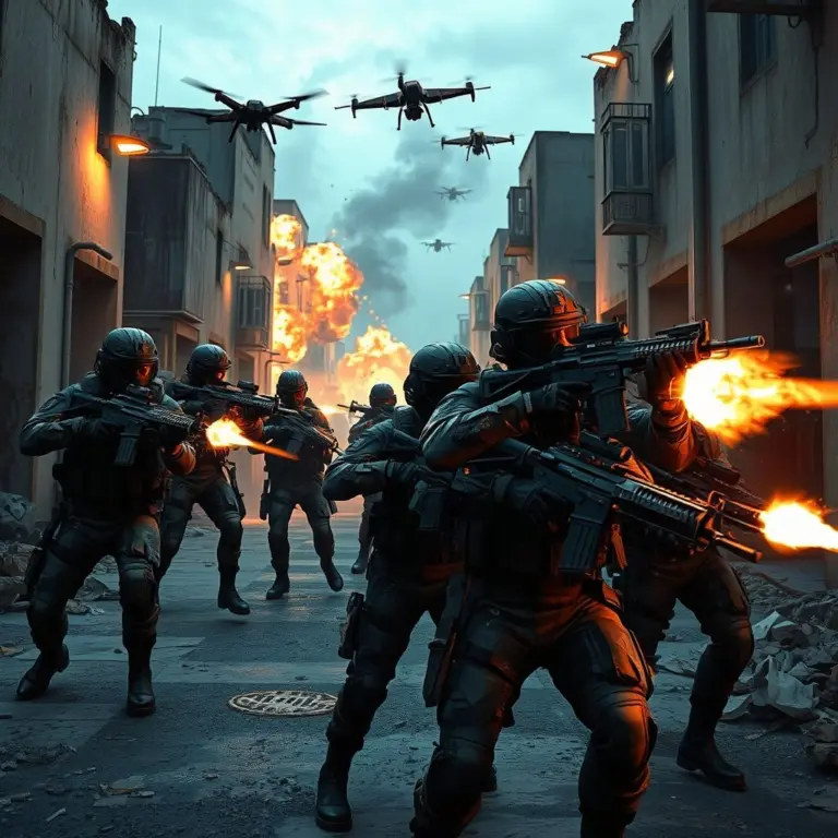 Elite soldiers in tactical gear in an urban firefight at dusk.