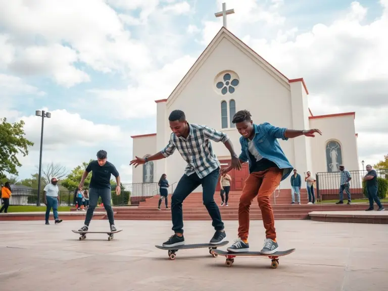 Black youth skateboarding in a church skate park.