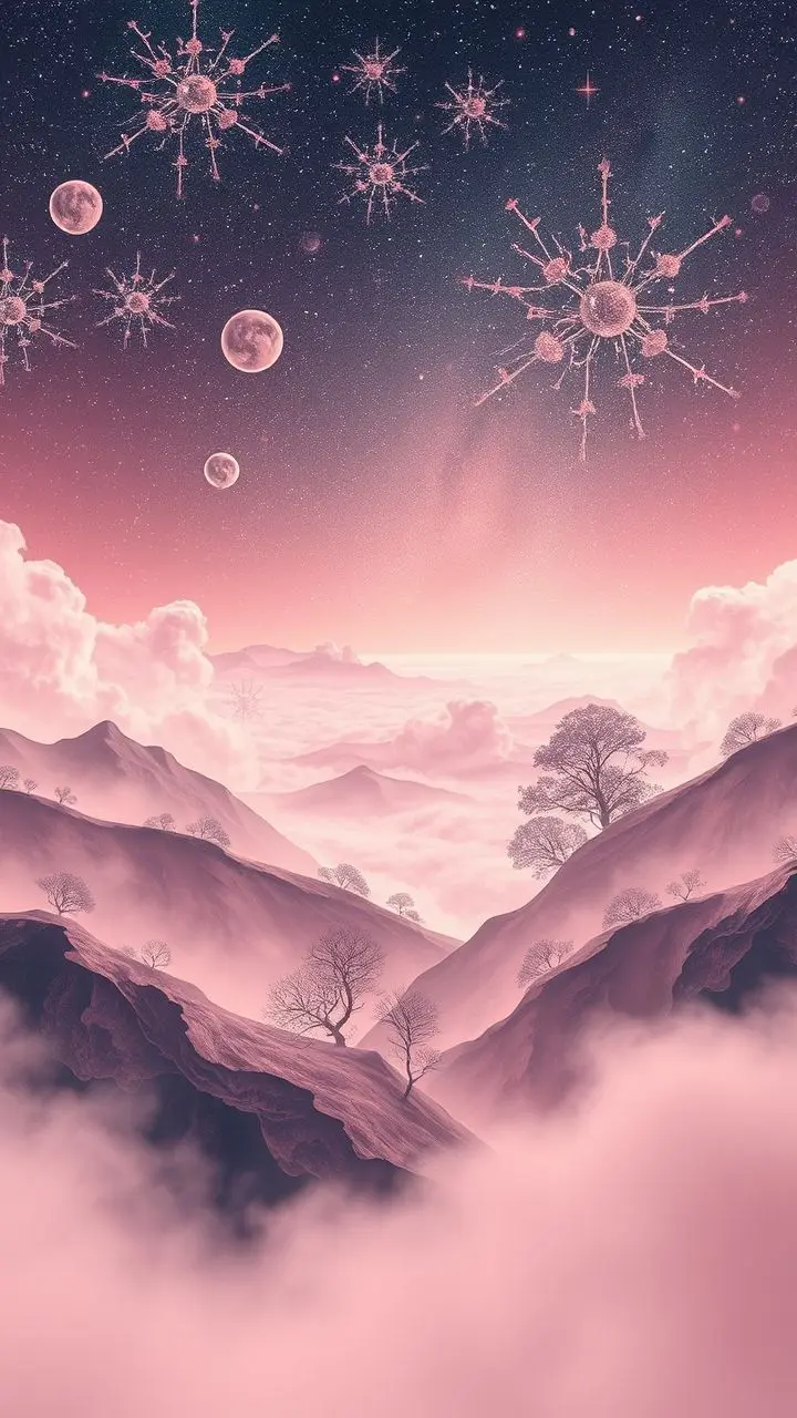 Surreal pink cosmos with rewilded landscapes and smoky celestial formations.