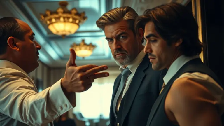 Two men having a tense conversation in a luxurious hotel VIP section, one man sneering and gesturing dismissively.