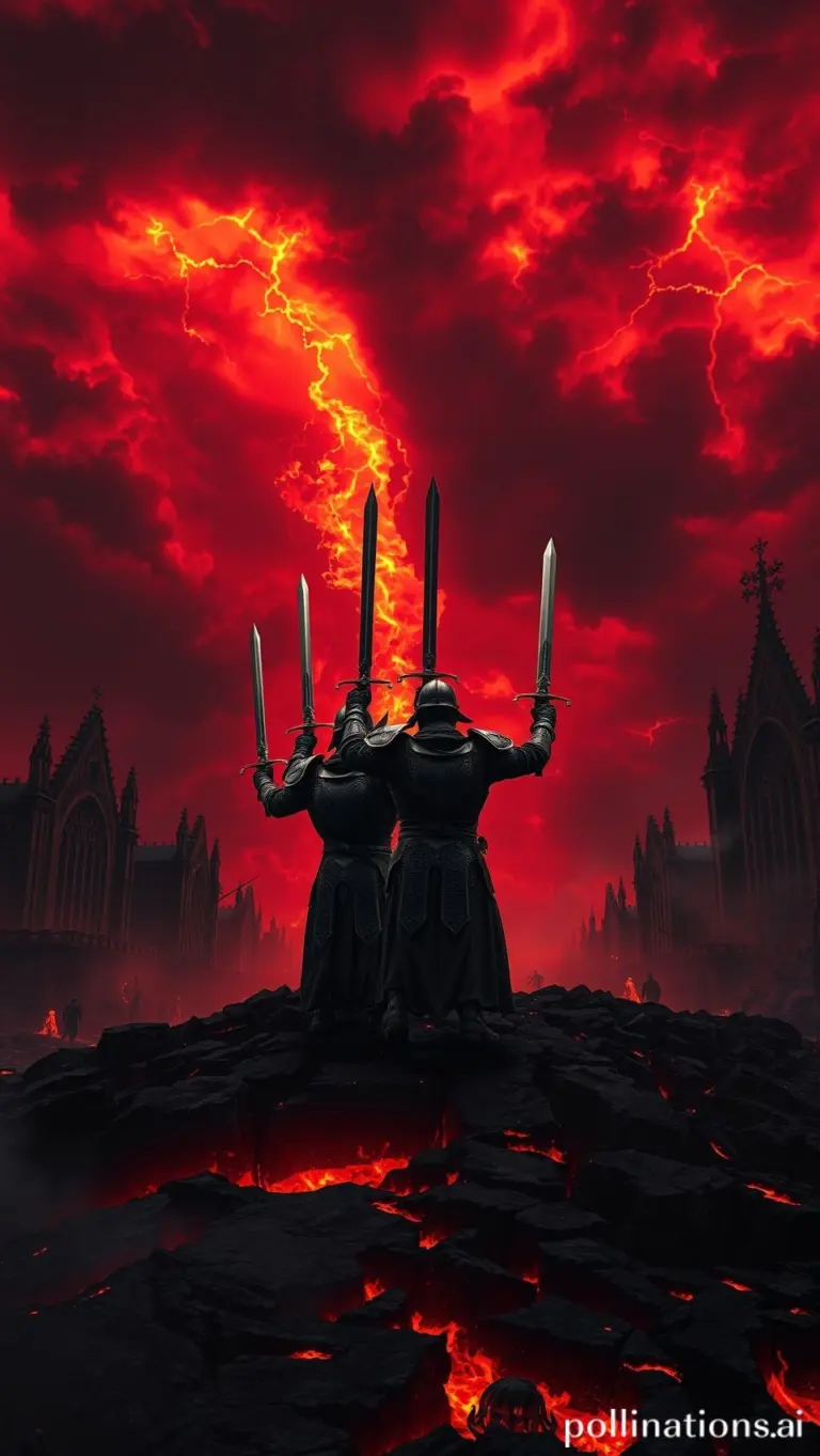Knights with swords raised against a fiery, stormy sky with demonic figures in the earth.