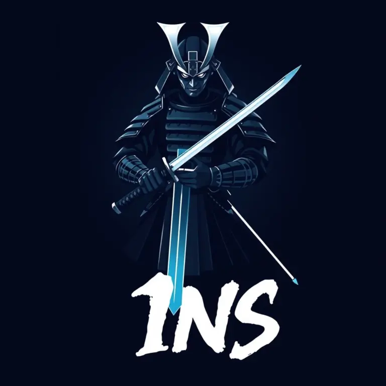 Samurai avatar holding a katana, dark blue background, '1NS' inscription.