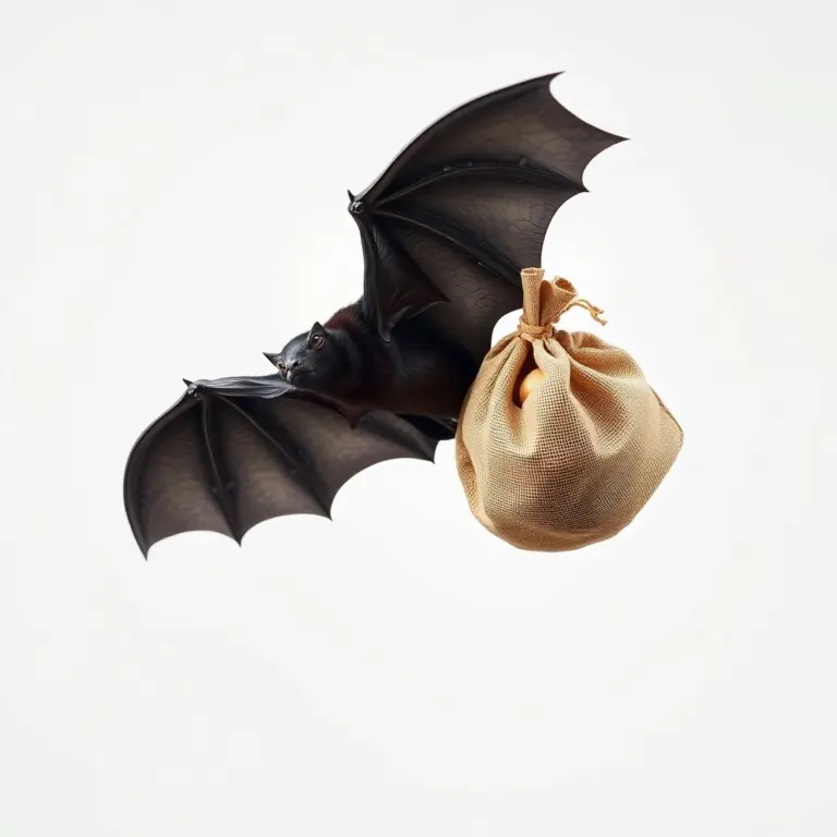Vampire bat carrying a sack of potatoes, white background.